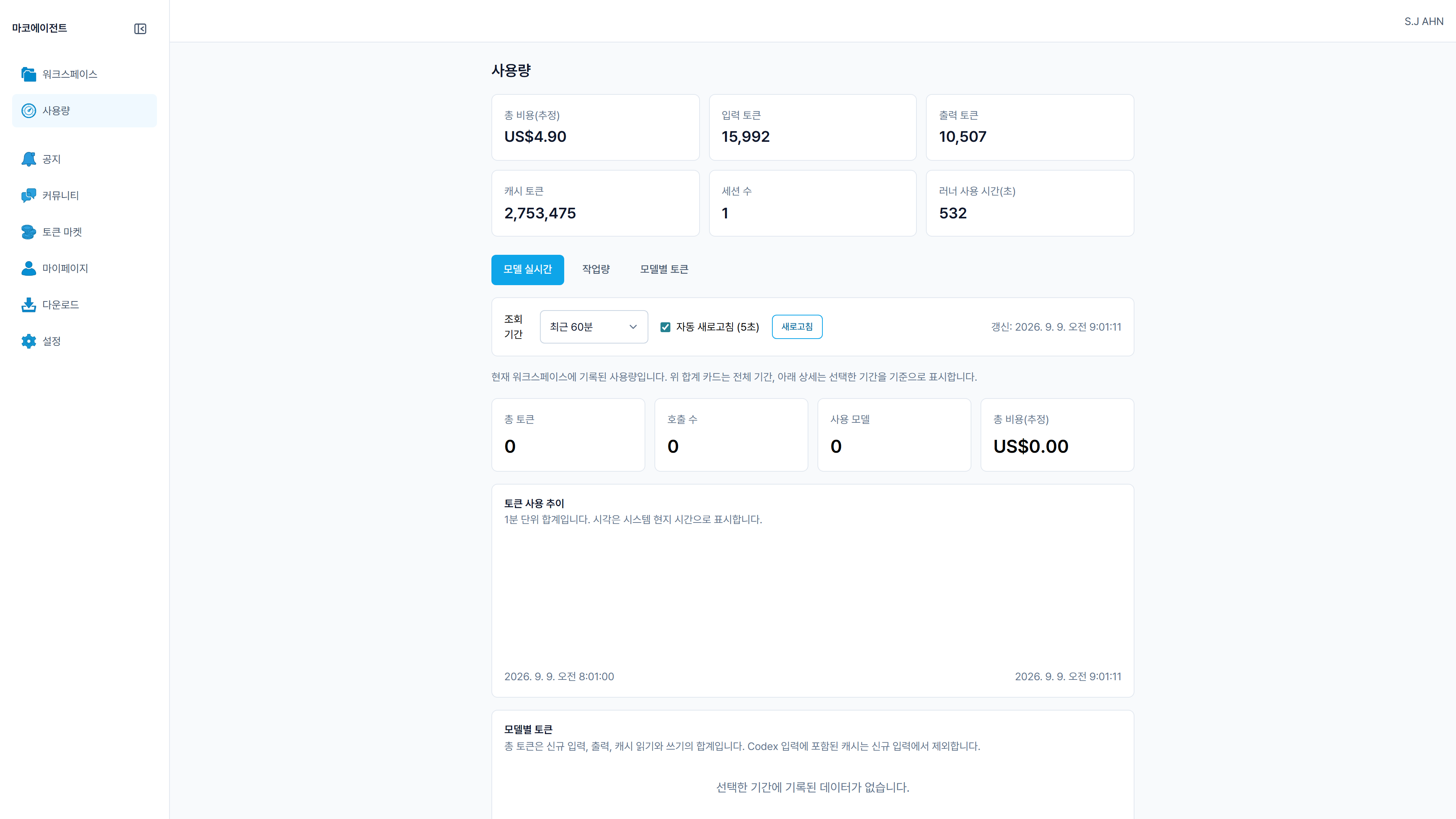 Usage screen with cost and token summaries.